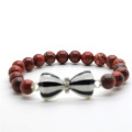 Red Jasper 8MM Round Beads Stretch Gemstone Bracelet with Diamante bow tie Alloy Piece