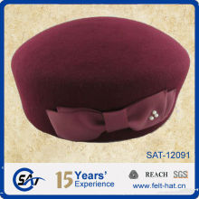 red wine quality pure wool felt pillbox hat with bowtie