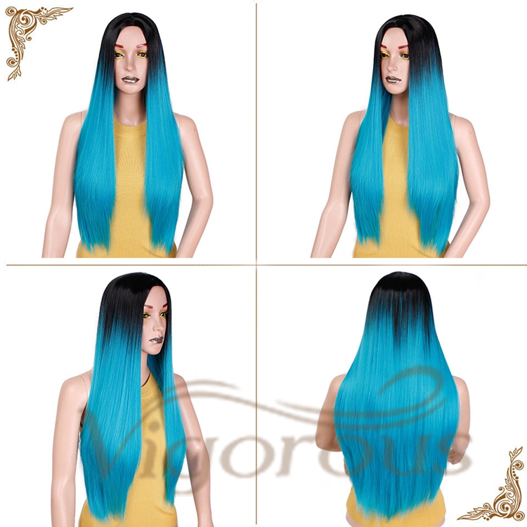 Vigorous Wholesale Top Quality Long Ombre Blue Dark Root Heat Resistant Fiber Cosplay Party For Black Women Synthetic Hair Wigs