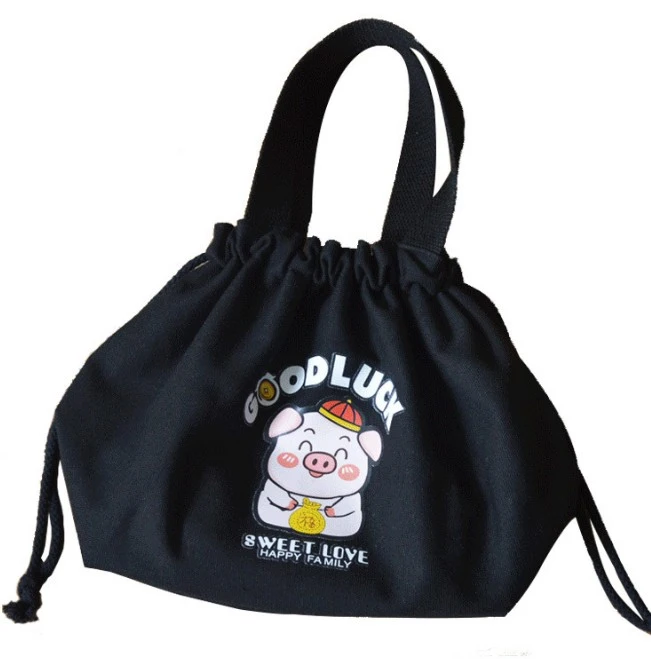 Drawstring Portable Cotton Cute Cartoon Printed Canvas Hand Carry Lunch Bag