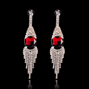 Red Crystal Classic Rhinestone Drop Tassel Earrings