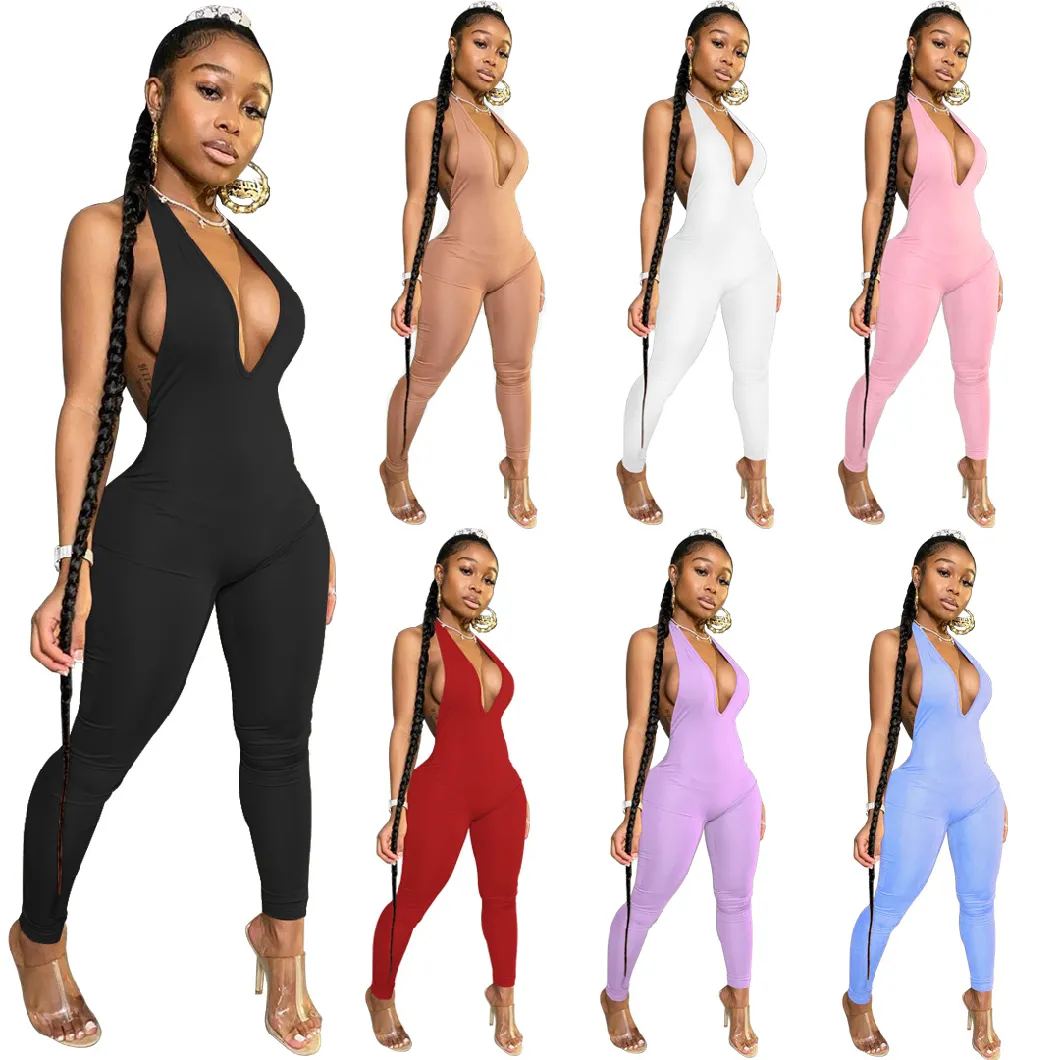 Fancy Good Quality Women V Neck Bodycon Onesie Ladies Solid Color 2020 Sexy Jumpsuits