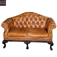 Rustic Brown Leather 2-Seater Sofa with Wooden Legs