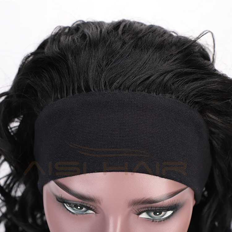 Aisi Hair Short Women Black Curly Wigs with Headband Heat Resistant Synthetic Fiber Wigs with Bandage For Lady