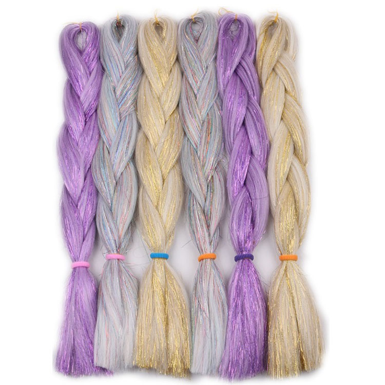 Jumbo Braiding Hair With Glitter Hair Tinsel 24inch Festival Party Decoration Hairstyle Synthetic Fiber Braid Hair Extensions