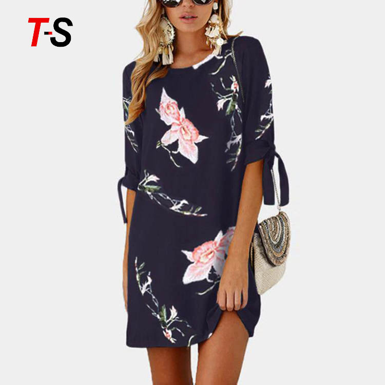 New summer fashion short sleeve print tie round neck dress