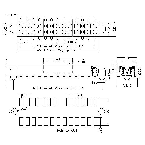 1.27 mm Female Header Dual Row SMT Type With Outside Post