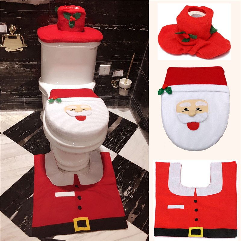 2018 Christmas! 3 Pcs Christmas Decorations/ Happy Santa Toilet Seat Cover and Rug Bathroom Set