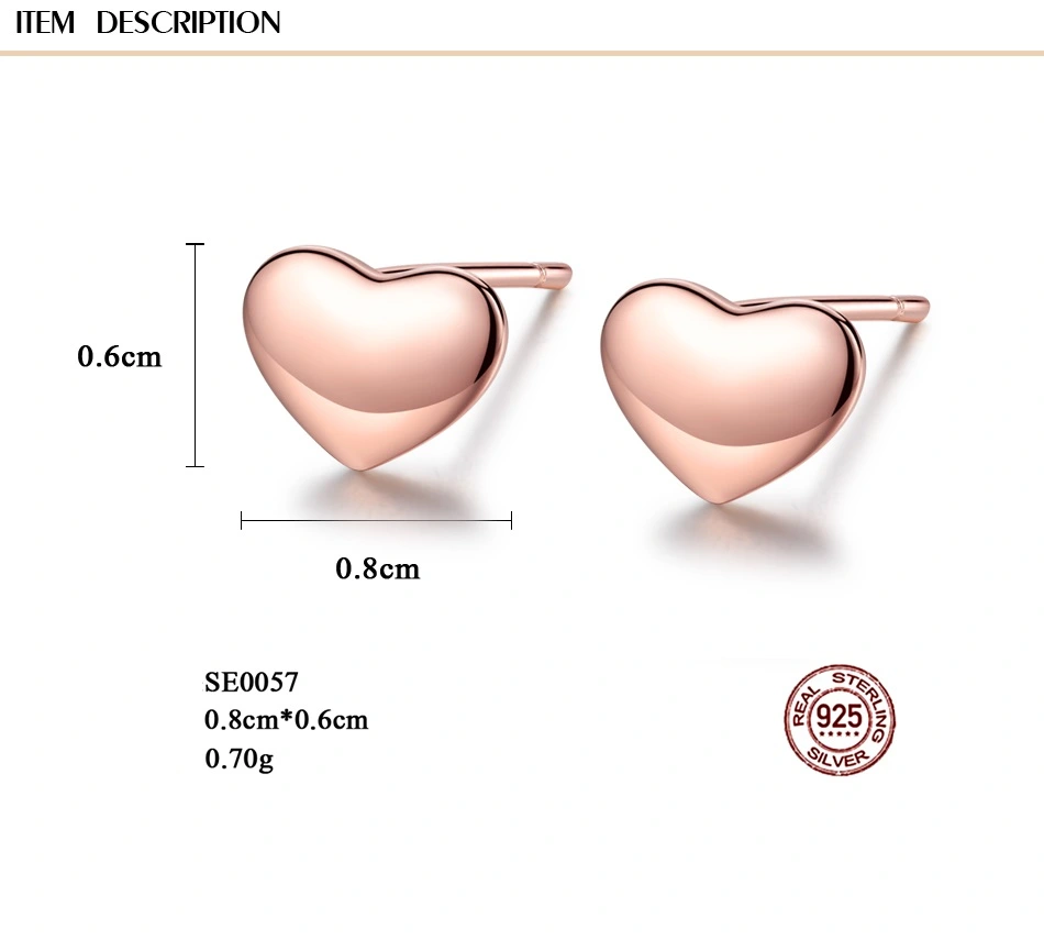 Charming Love Heart Rose Gold Genuine 925 Sterling Silver Stud Earrings