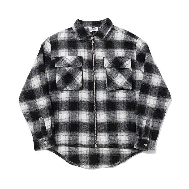 zipper-up plaids shirt 