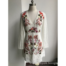V Neck Cotton Nylon Embroidry Dress for Women