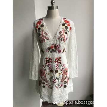 V Neck Cotton Nylon Embroidry Dress for Women