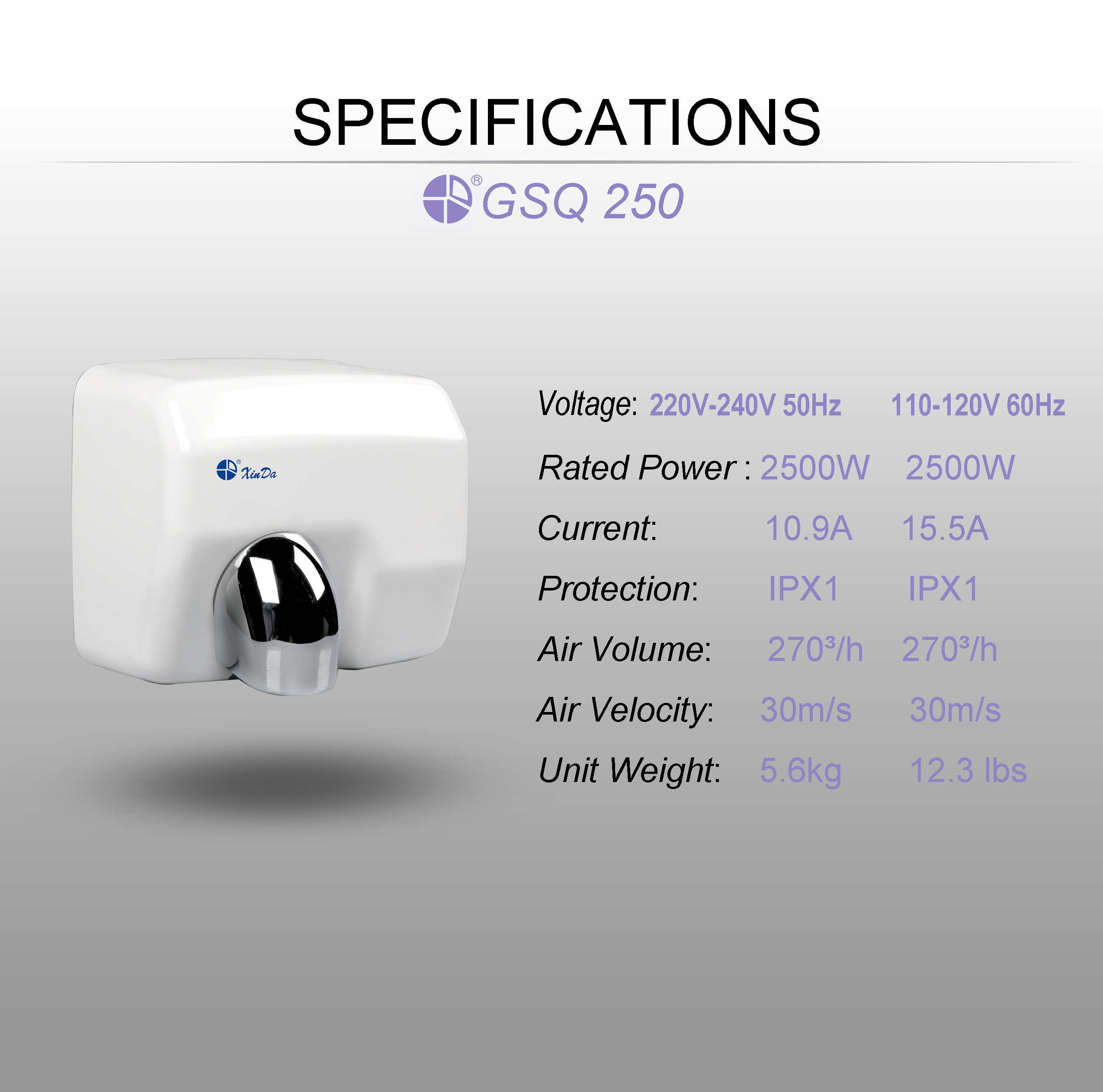 Puderweißer Händetrockner mit multidirektionalem Luftstrom Powder white hand dryer with multi-directional airflow