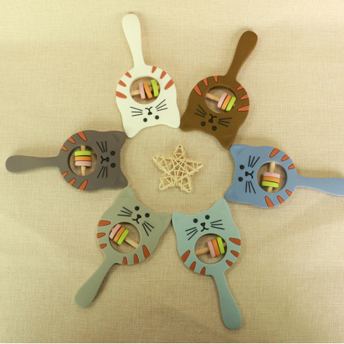 Cat Silicone Theitting speelgoed rammelaar met houten ring