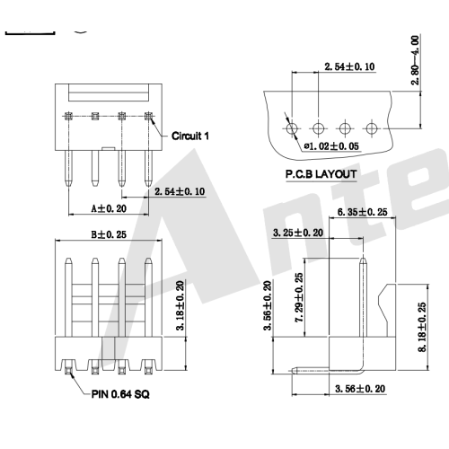 2,54mm cao độ 90 ° wafer AW2543RD-XP