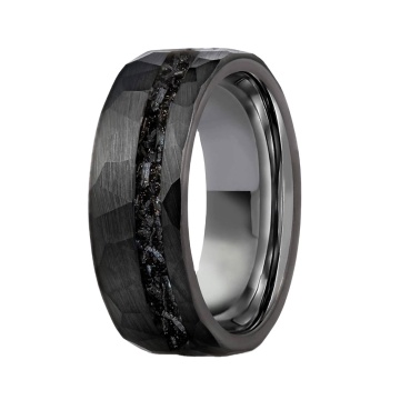 Tungsten Carbide Black Plated Ring with Natural Opal Inlay and Hammered Texture
