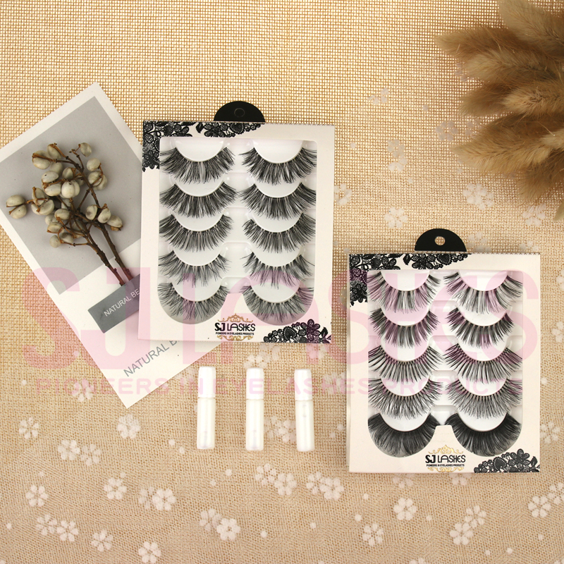 Private Label Luxury Glitter Paper private label Packaging Boxes with 5 Pairs Human Hair false Eyelashes Set