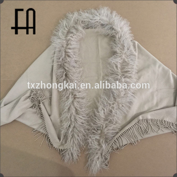 2015 New style factory wholesale price lamb fur trim cashmere shawl