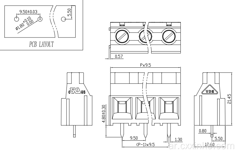 9.5mm يمكن تقطيع كتلة طرف PCB نوع الملعب