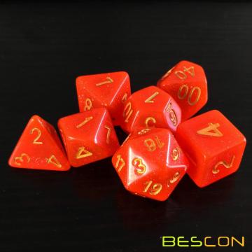 Bescon Intensive Glitter DND Dice 7pcs Set ROYAL RED, juego de dados de rollo de novedad Glitter d4 d6 d8 d10 d12 d20 d%, caja de embalaje Brick