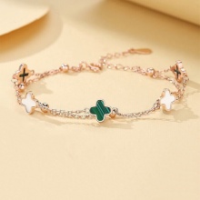 Malachite Four Leaf Clover Bracelet S925 Silver Jewelry