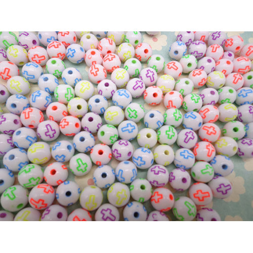 8MM&10MM Acrylic Round White Beads With Neon Color Corss Spacer Cross Pattern Chunky Beads