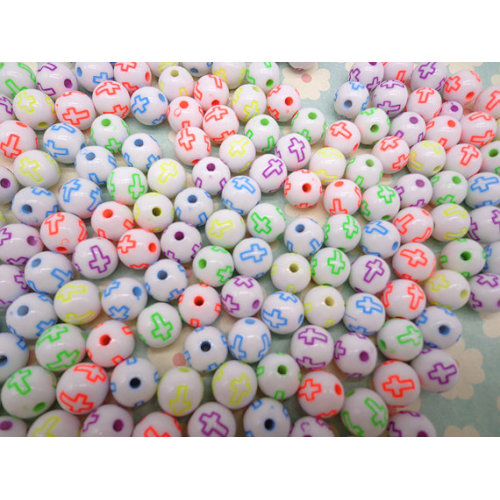 8MM &amp; 10MM runde weiße Acrylperlen mit neonfarbenen Corss Spacer Cross Pattern Chunky Beads