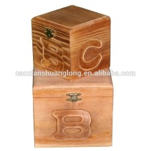 Antique Effect Pine Wood Box with Carved Letters