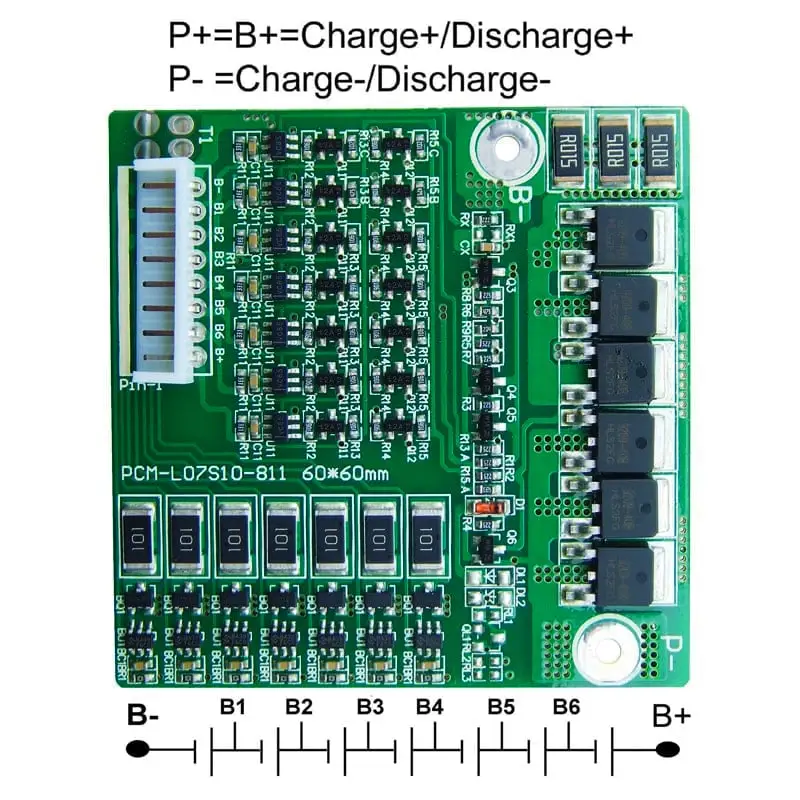 4s-7s 15A PCM BMS for 24V 25.2V 25.9V Li-ion/Lithium/ Li-Polymer 21V 22.4V LiFePO4 Battery Pack Size L60*W60*T6mm (PCM-L07S10-811)