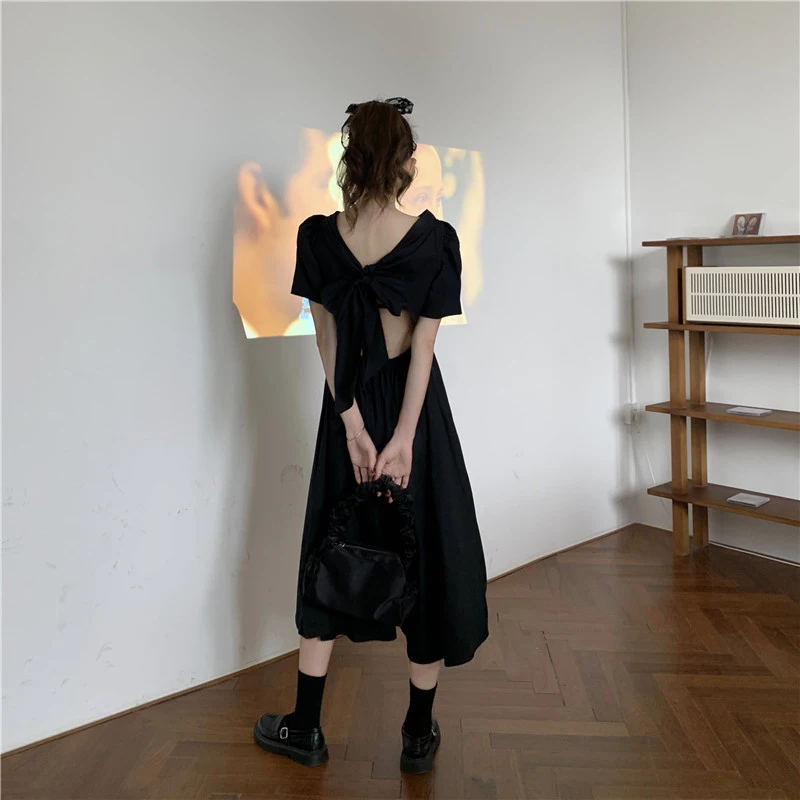 Summer Trend Back Hollow Bow Skirt Waist Solid Color Dress