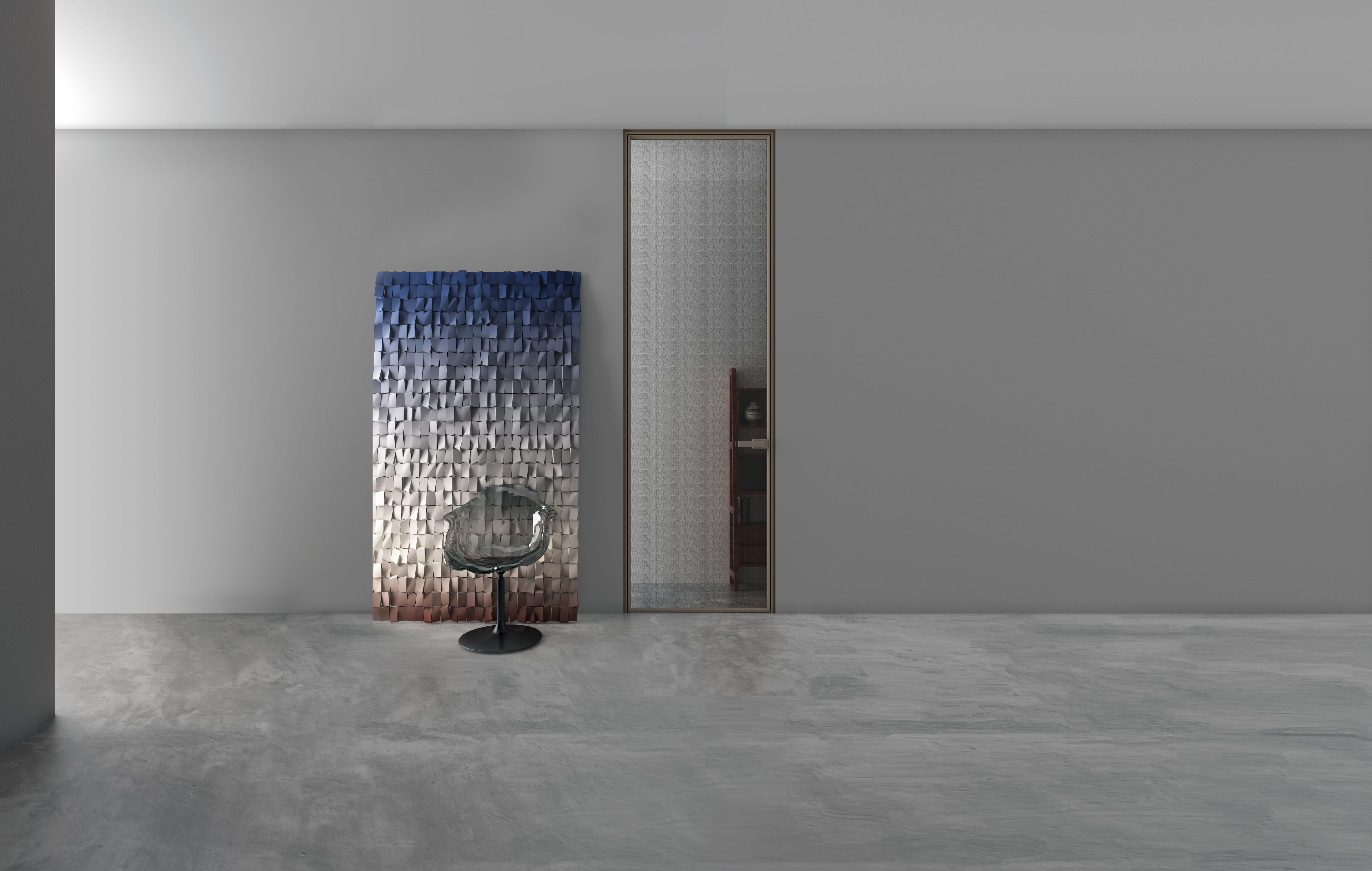 Porta giratória de vidro com sistema Equinox Stick em interior moderno