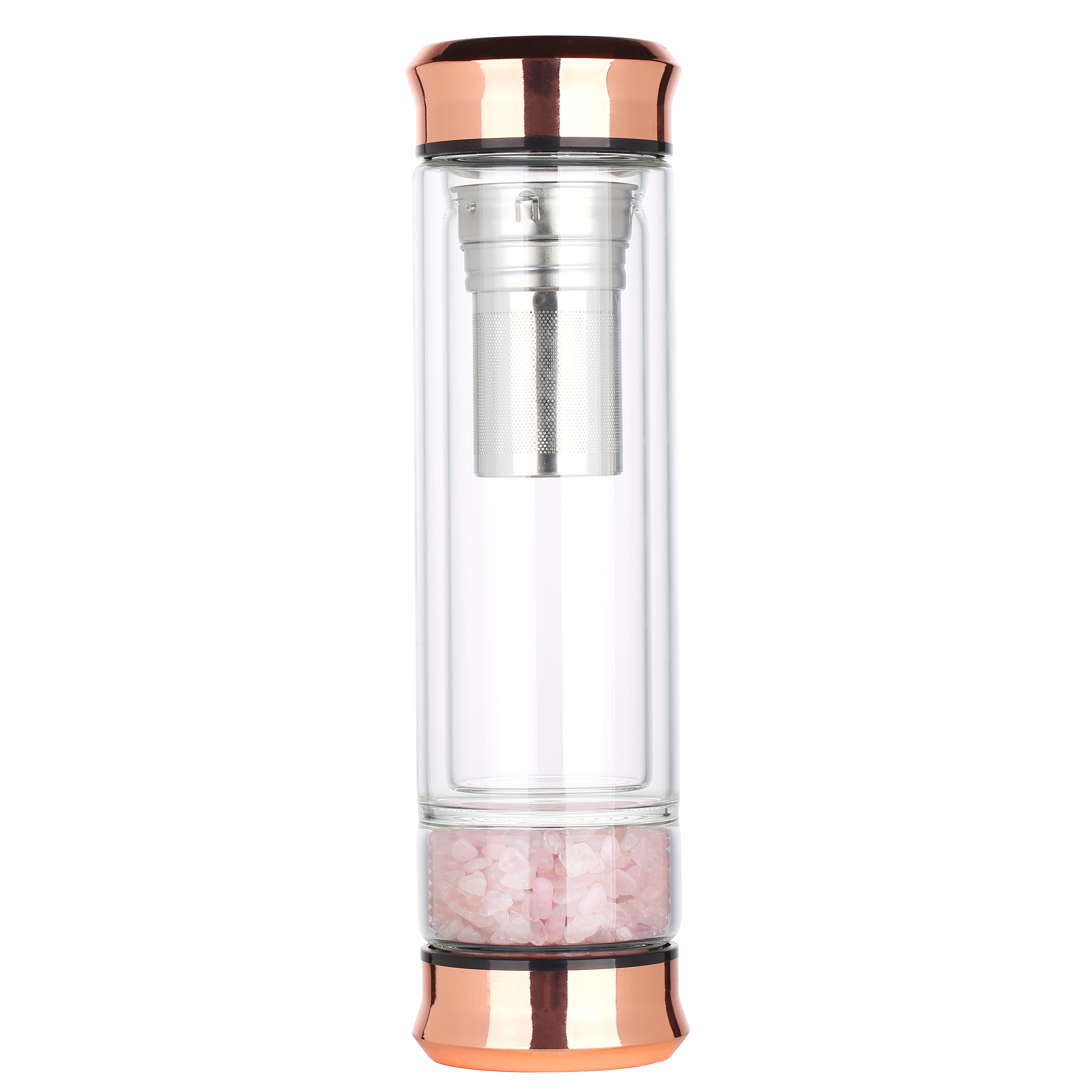 BPA-Free Custom Nature Gemstone Tea Infuser Stainless Steel Drinking Borosilicate Doudle Wall Glass Water Bottle With Crystal