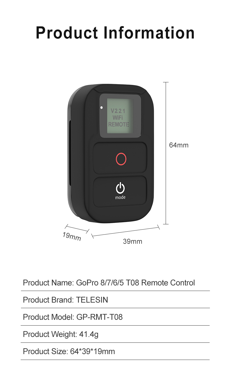 TELESIN WiFi Remote Control suitable for GoPro Hero 10 9 Max Hero 8 7 6 5 4 3 Black Hero 4 Session sports camera accessories