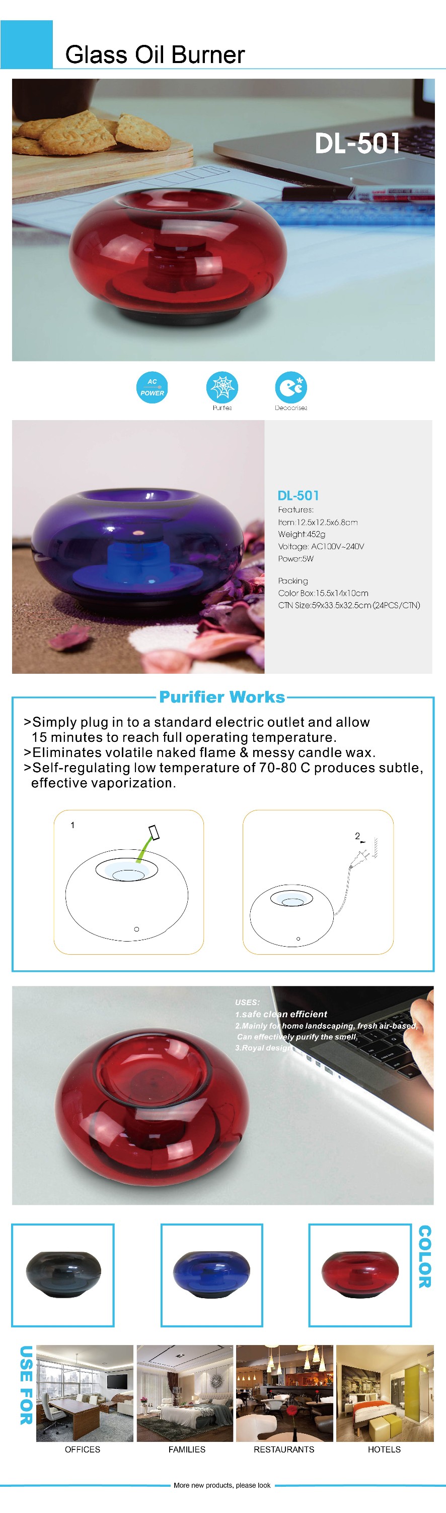 GLASS OIL BURNER WITH THREE LEDS/AROMA OIL DIFFUSER/ESSENTIAL OIL DIFFUSER