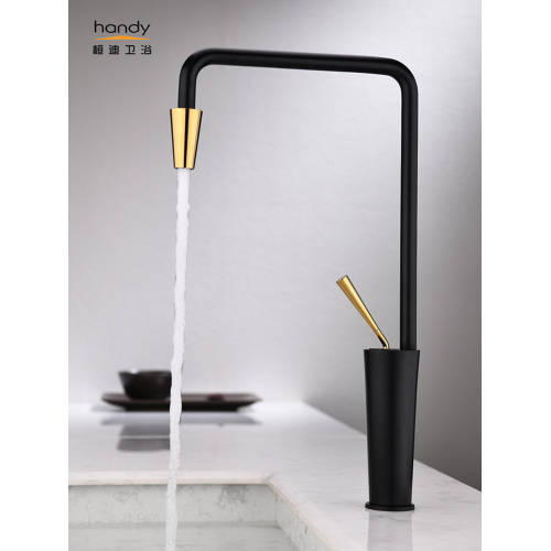 7-shaped black and golden kitchen mixer faucet