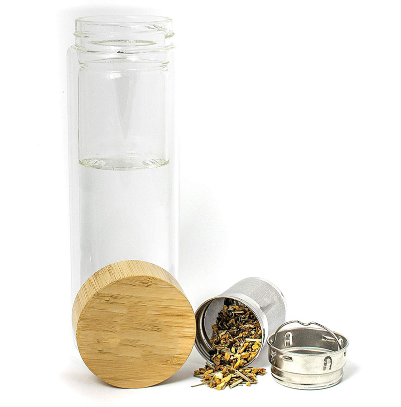 Hot Sale Glass Tea Cup Water Bottle With Nature Bamboo Lid glass water bottle drinking