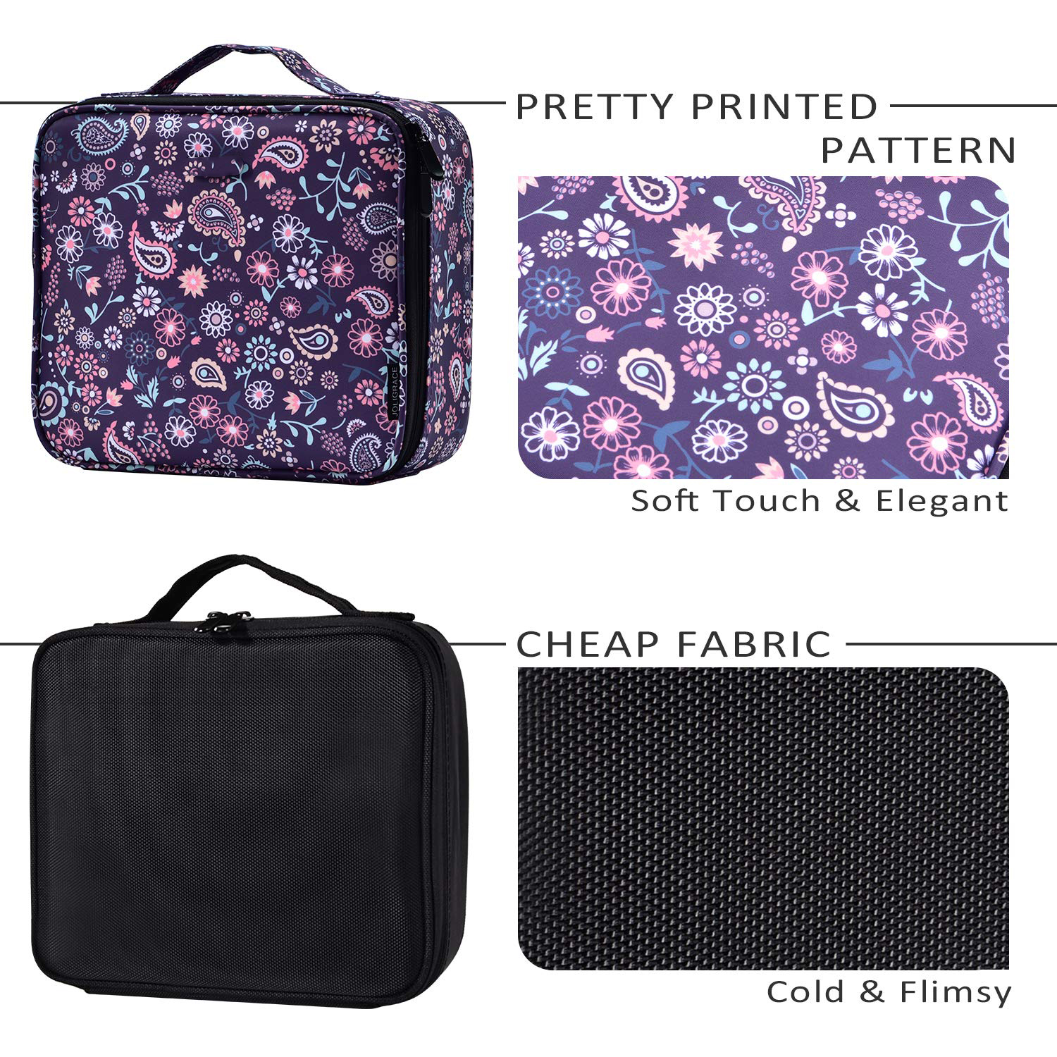 Customized pattern Travel Make up bags Organizer with Handle Cute Makeup Case Purple Paisley Floral with Adjustable Dividers