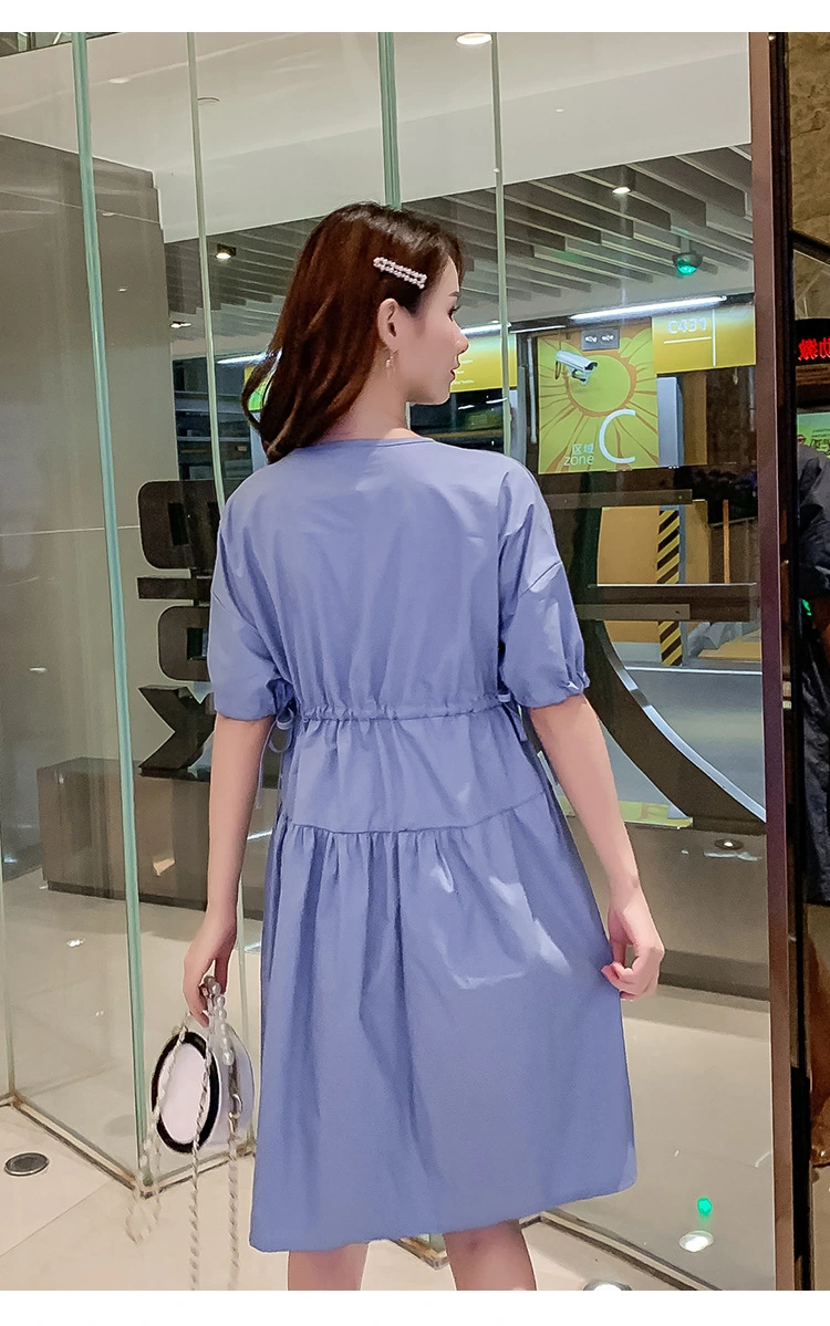 Summer Short-Sleeved Dress Loose Solid Color A-Line Skirt