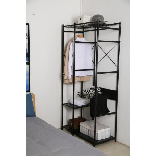 clothes rack with black metal display