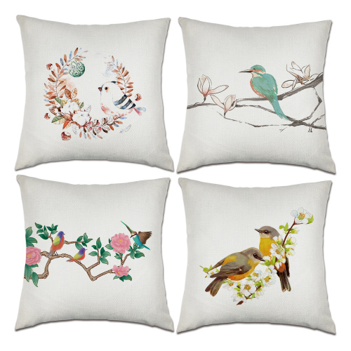 Set of Birds Flower Throw Pillow Covers Chinese Ink Painting Spring Decorative Cushion Cover Pillow Case for Sofa Bedroom Car Co