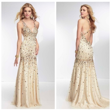 sexy halter handmade crystal beaded sheath nude evening dress