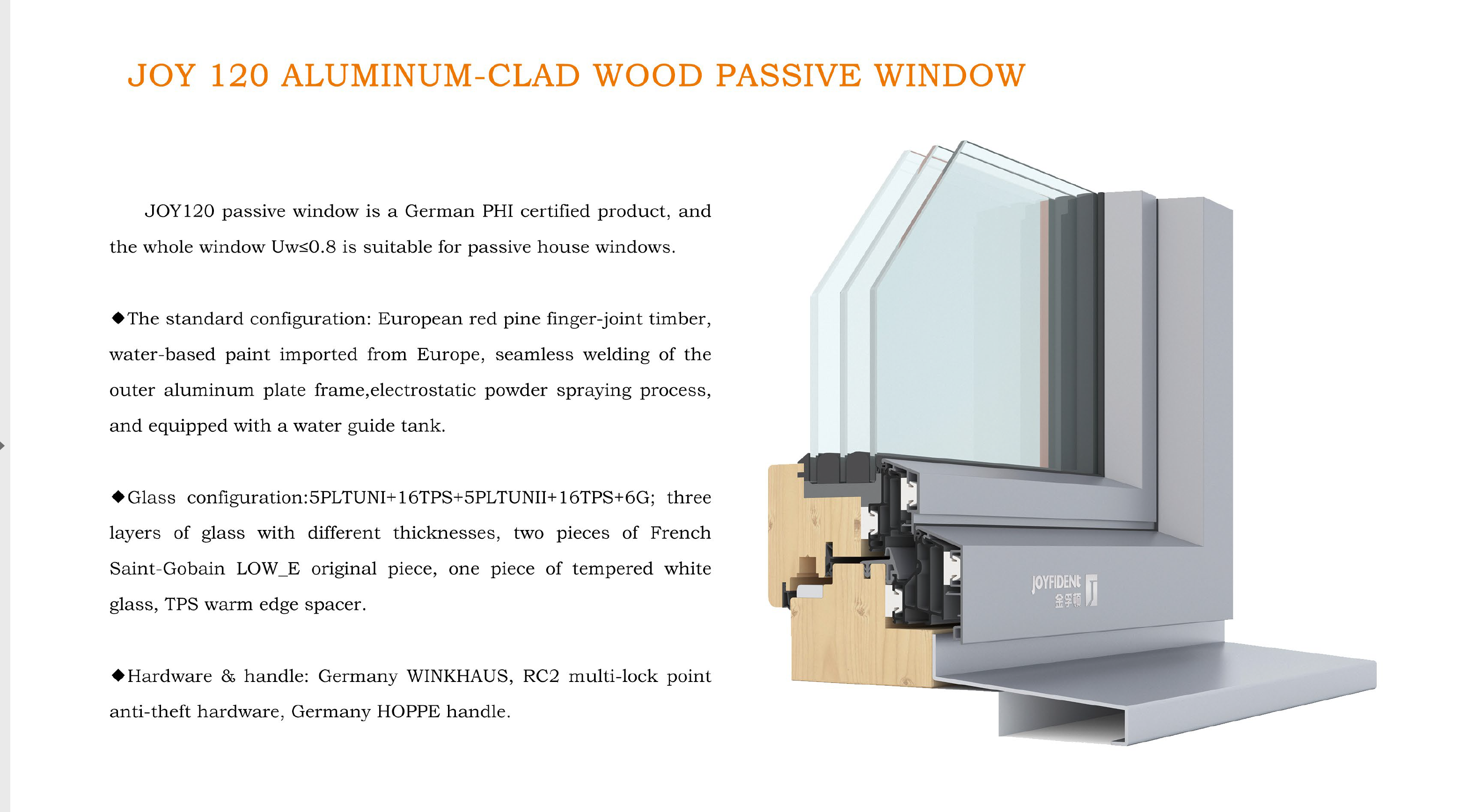 China Top Quality Passive House Aluminum Clad Wood Windows/Low Uw Value Windows Joyfident 120