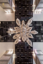 Colorful blown glass bubble chandelier in hall