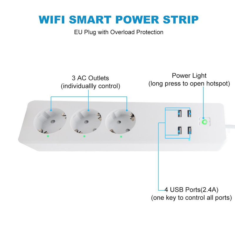 Wifi Smart Plug Outlet Power Strip Surge Protector EU Power Strip With Usb Charging Ports European TUYA