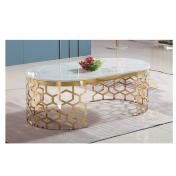 Table basse de luxe avec dessus en marbre en acier inoxydable doré