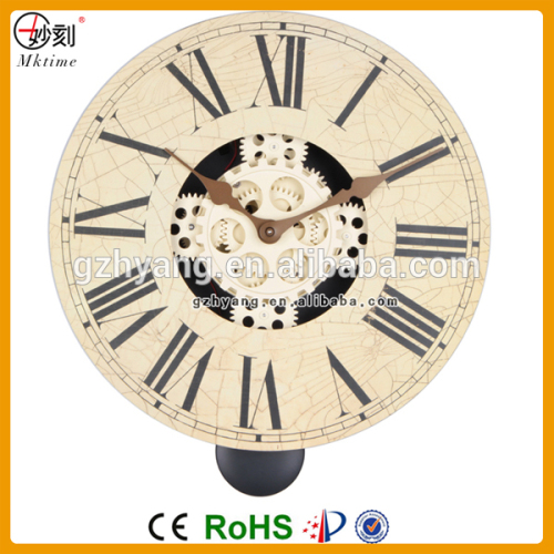 Retro large gear roman numerals clock MDF wall clock with pendulum for living room decoration