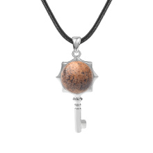 Picture Jasper Round Cabs Silver Alloy Key Pendant Necklace 45cm Black Cord