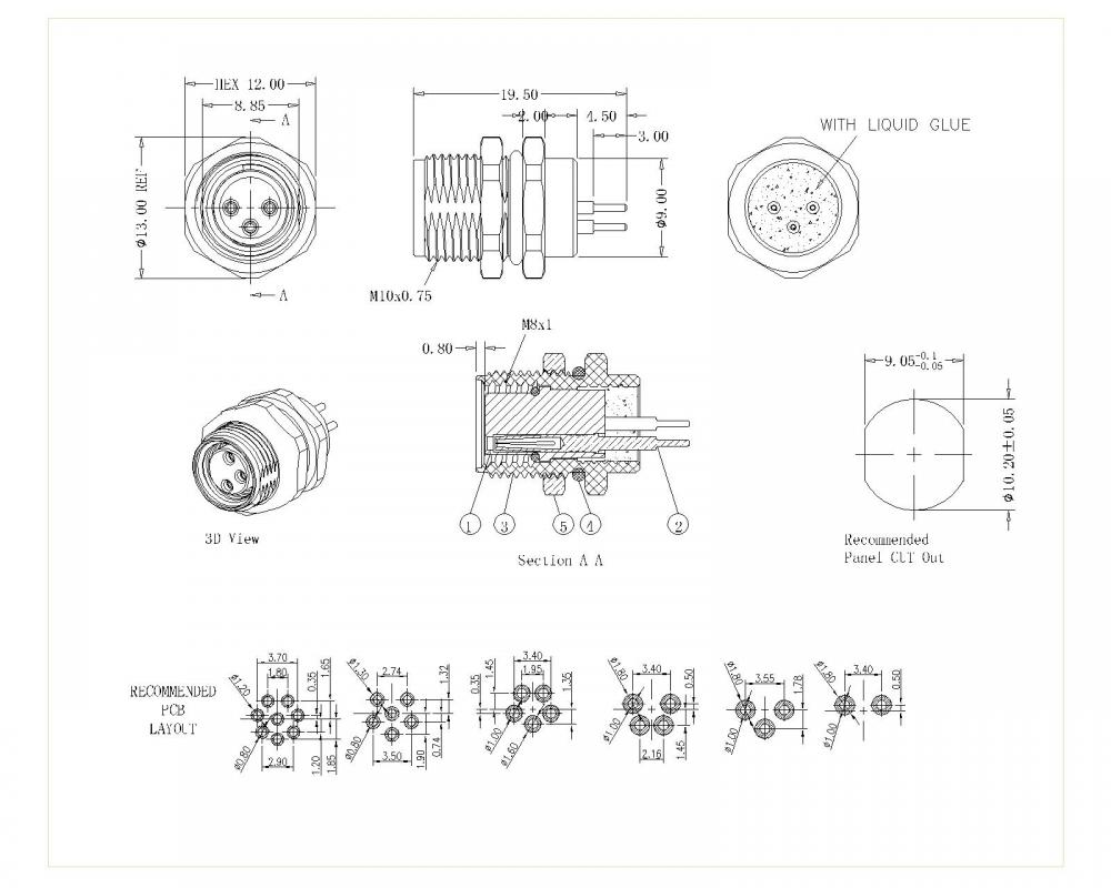 M8 2 ~ 8p Female Lock Front Dip 180 gradi