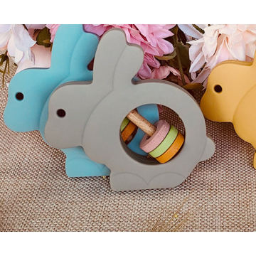 Baby Bunny Silicona juguetes para dentición Anillo de cascabeles de madera