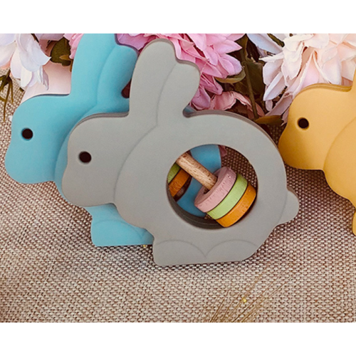 Baby Bunny Silicone Teake Toys Wood Rattles Ring